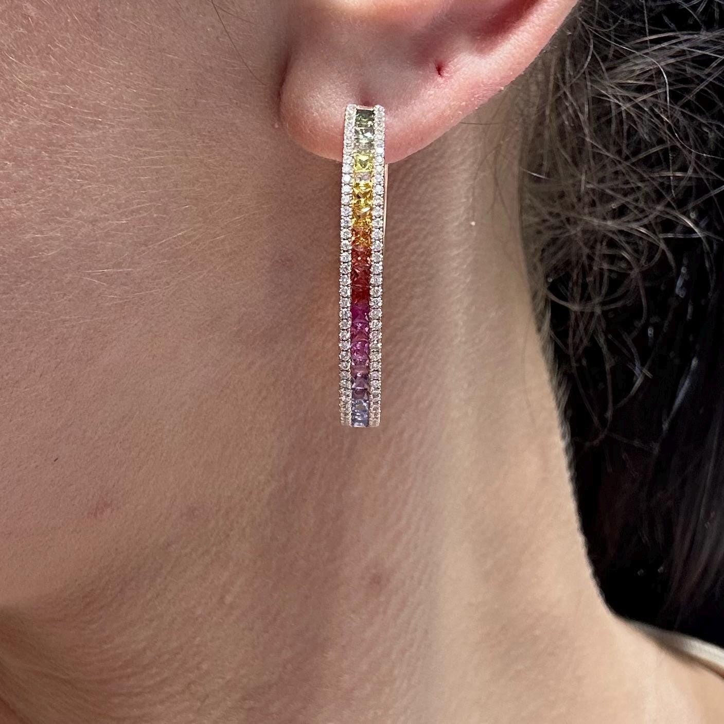 18KT Rose Gold Diamond and Multi-Color Sapphire Oval Hoop Earrings – 0.69 CTW Diamonds, 2.28 CTW Sapphires GZJJ (etsy image id: 7860535280)