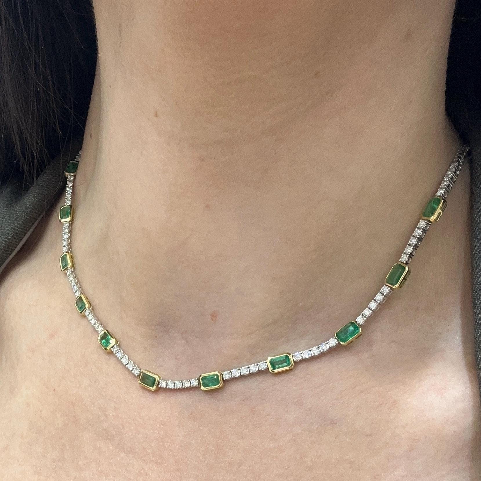 18KT White Gold Necklace with 1.50ct Natural Diamonds and 3.40ct Emerald-Cut Natural Emeralds EMDN28 AGEG (etsy image id: 7965923700)