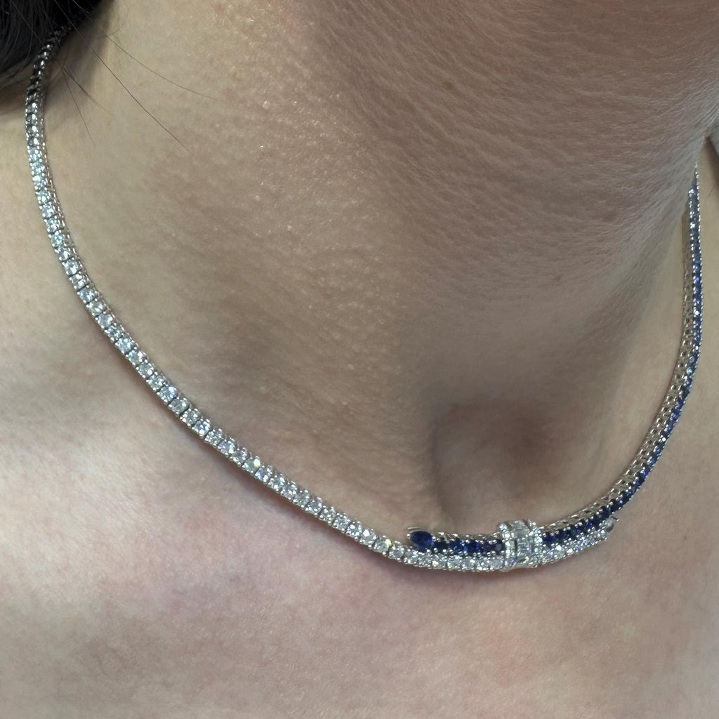 18KT White Gold Sapphire and Diamond Necklace with Baguette Center  SDN024 TZNG (etsy image id: 7966482642)