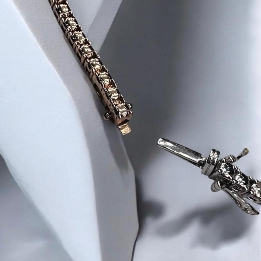 18KT White & Rose Gold Sapphire and Diamond Necklace with Baguette Center SDN TJSI (etsy image id: 7969877192)