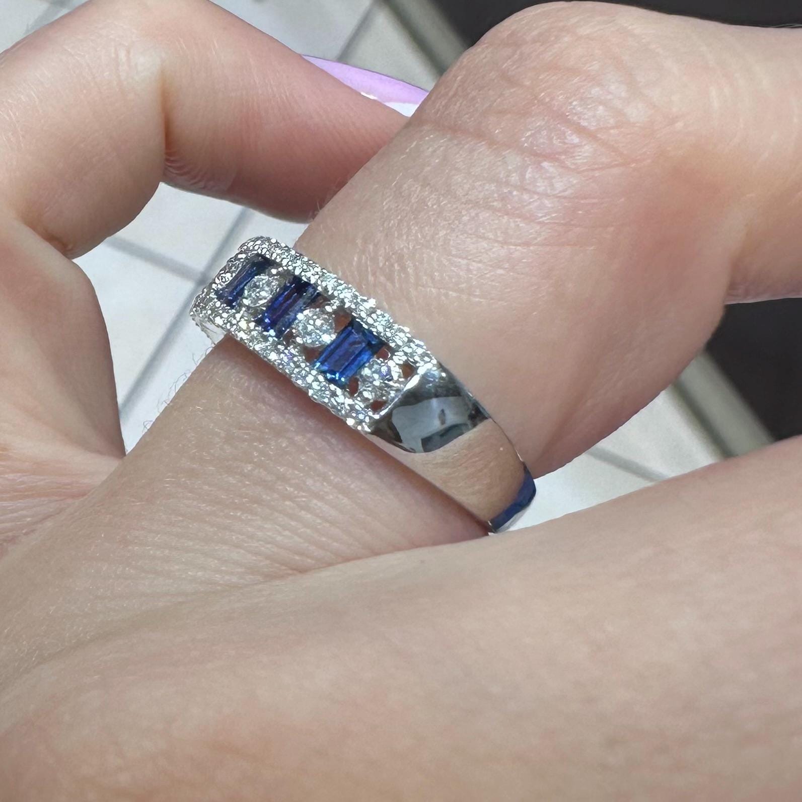 18KT White Gold Ring with 0.54ct Diamonds & 0.75ct Baguette Sapphires SDR990 IITJ (etsy image id: 7970007264)