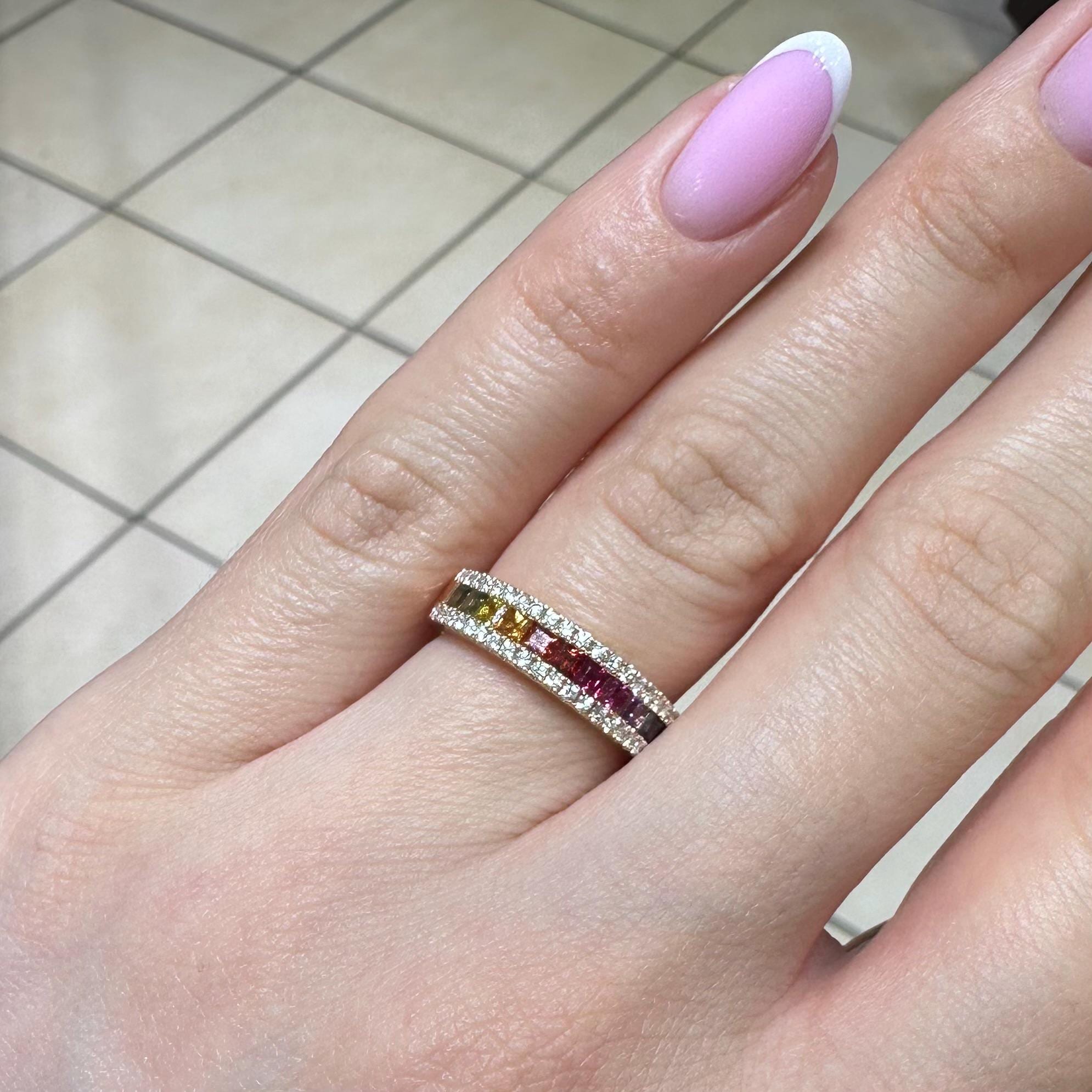 18KT Rose Gold Ring with Multi-Color Princess-Cut Sapphires and Diamond Accents SDR993 IJGJ (etsy image id: 7970200618)