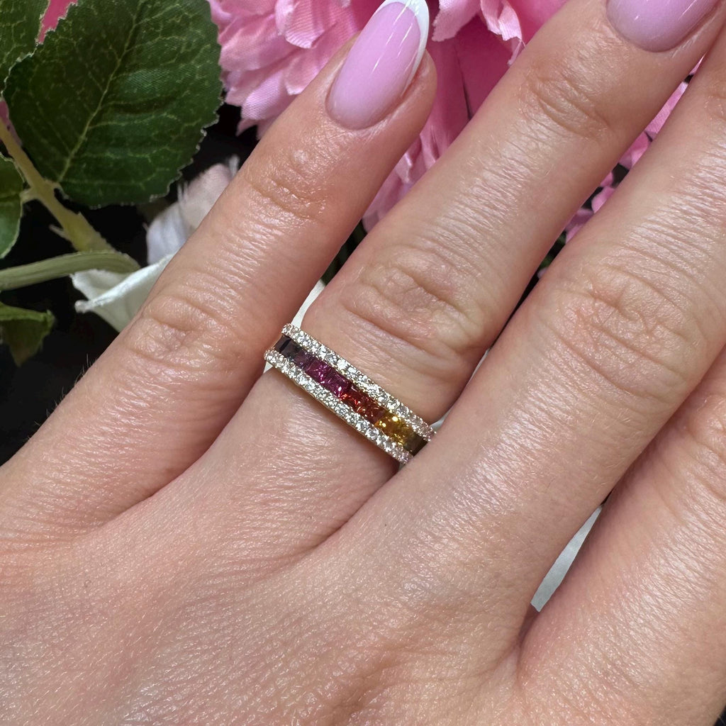 18KT Rose Gold Ring with Multi-Color Princess-Cut Sapphires and Diamond Accents SDR993 IJGJ (etsy image id: 7970200756)