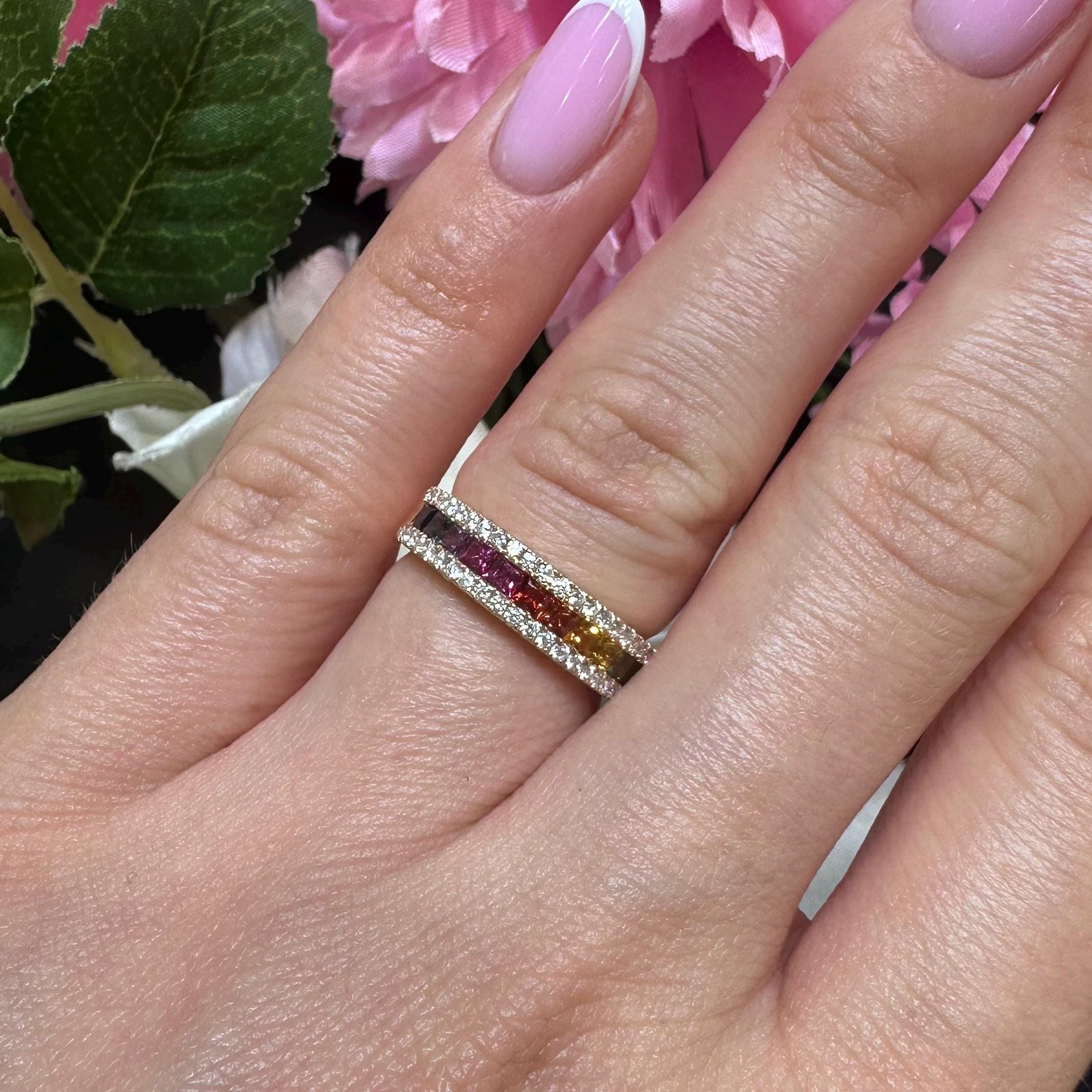 18KT Rose Gold Ring with Multi-Color Princess-Cut Sapphires and Diamond Accents SDR993 IJGJ (etsy image id: 7970200756)