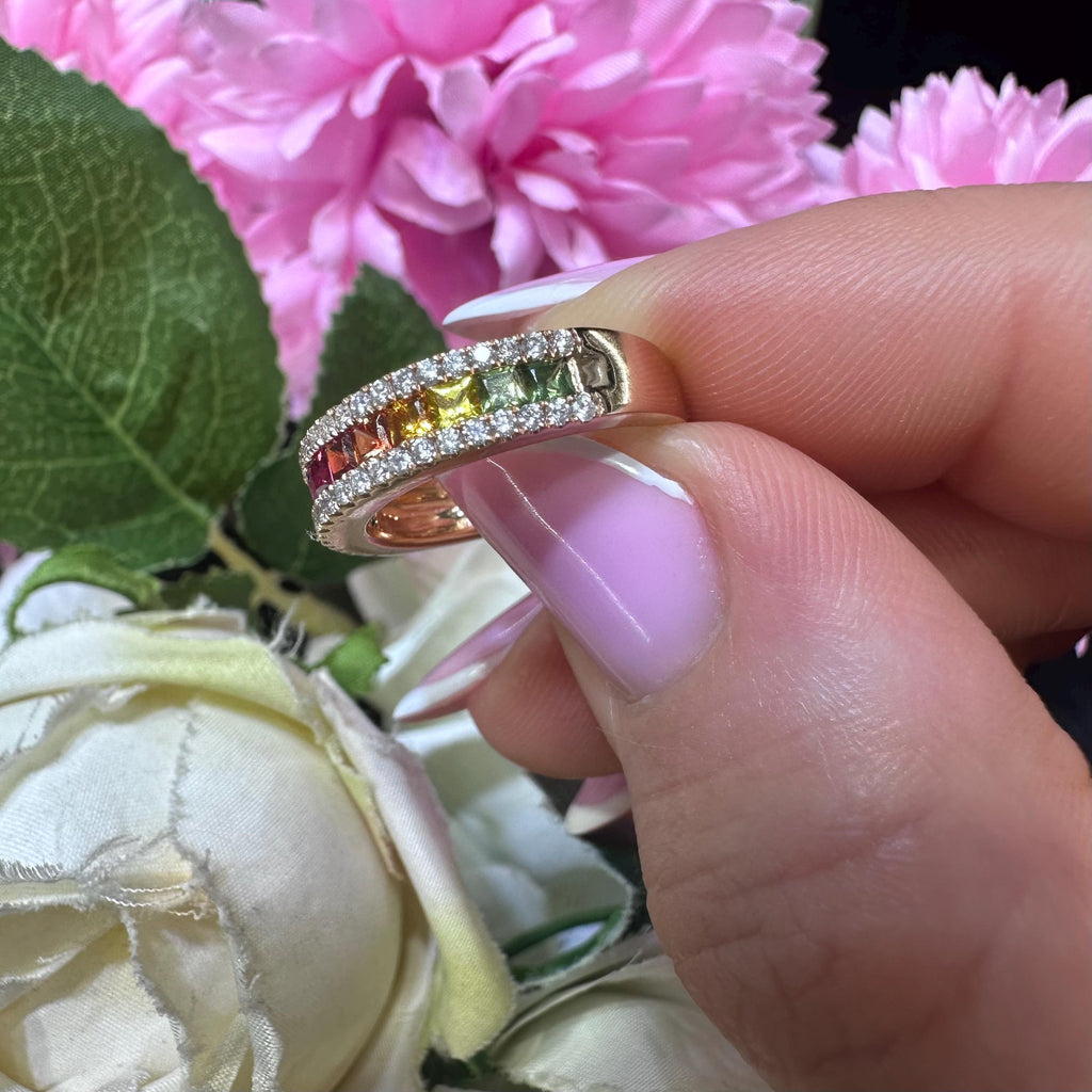 18KT Rose Gold Ring with Multi-Color Princess-Cut Sapphires and Diamond Accents SDR993 IJGJ (etsy image id: 7970200884)