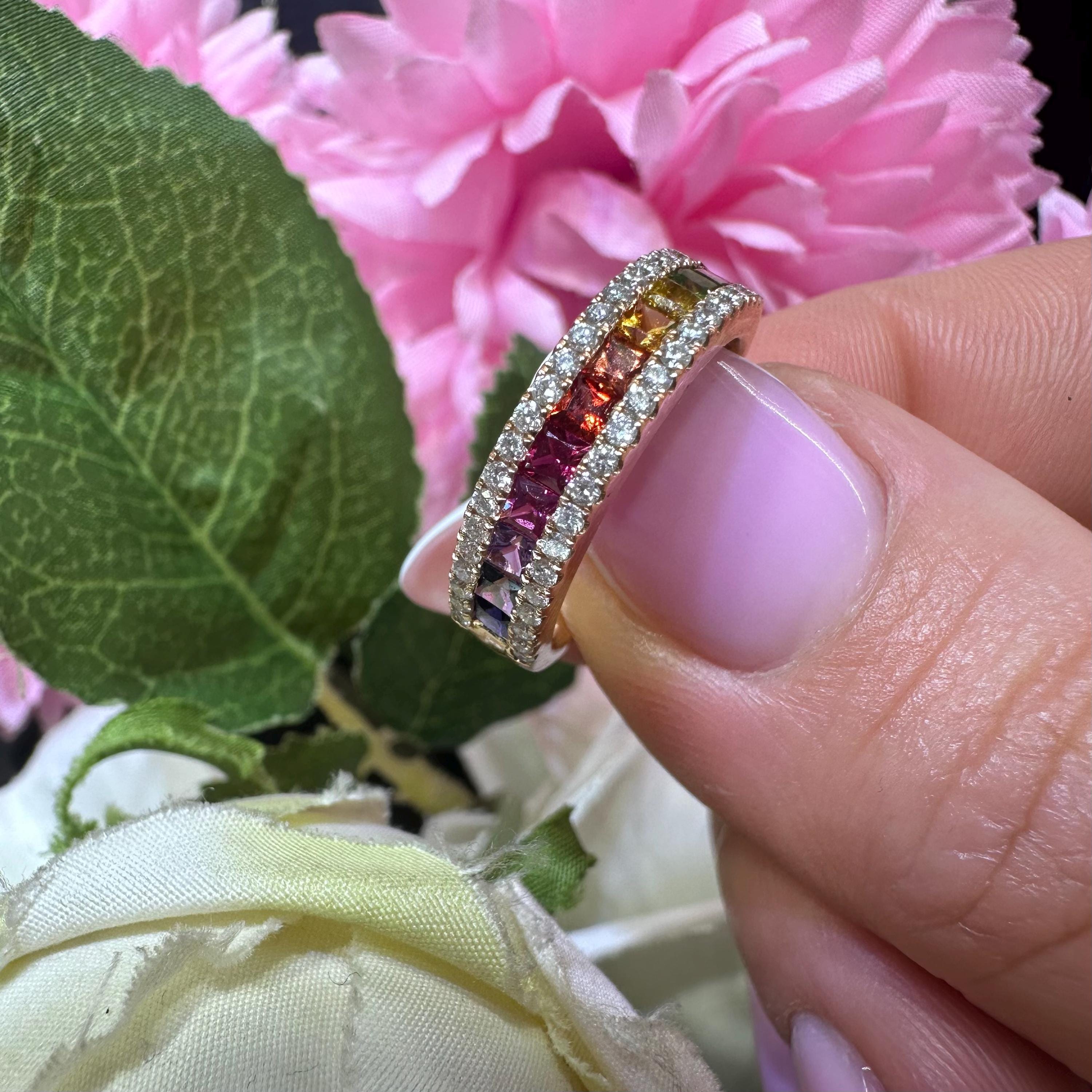 18KT Rose Gold Ring with Multi-Color Princess-Cut Sapphires and Diamond Accents SDR993 IJGJ (etsy image id: 7970200932)