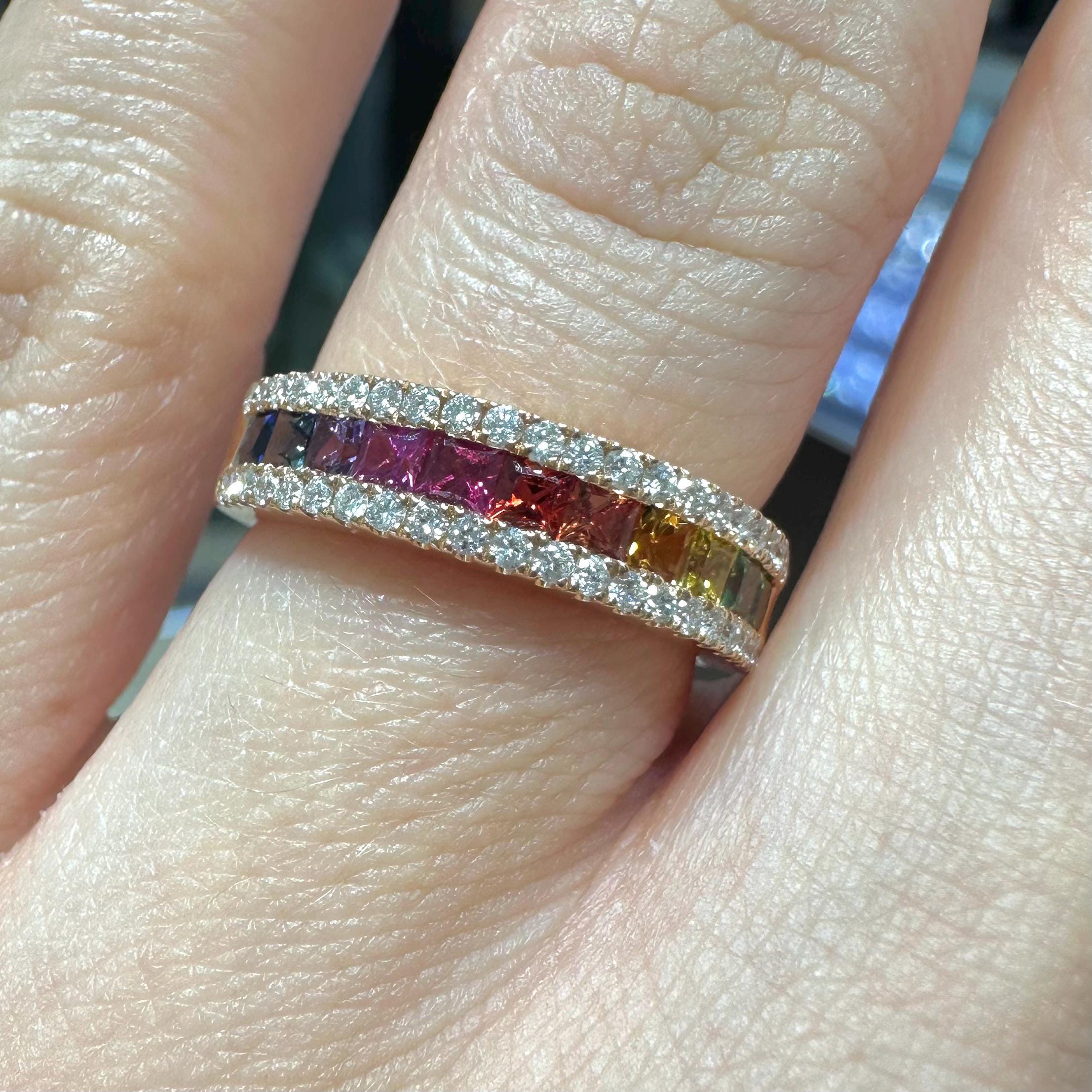 18KT Rose Gold Ring with Multi-Color Princess-Cut Sapphires and Diamond Accents SDR993 IJGJ (etsy image id: 7970214042)