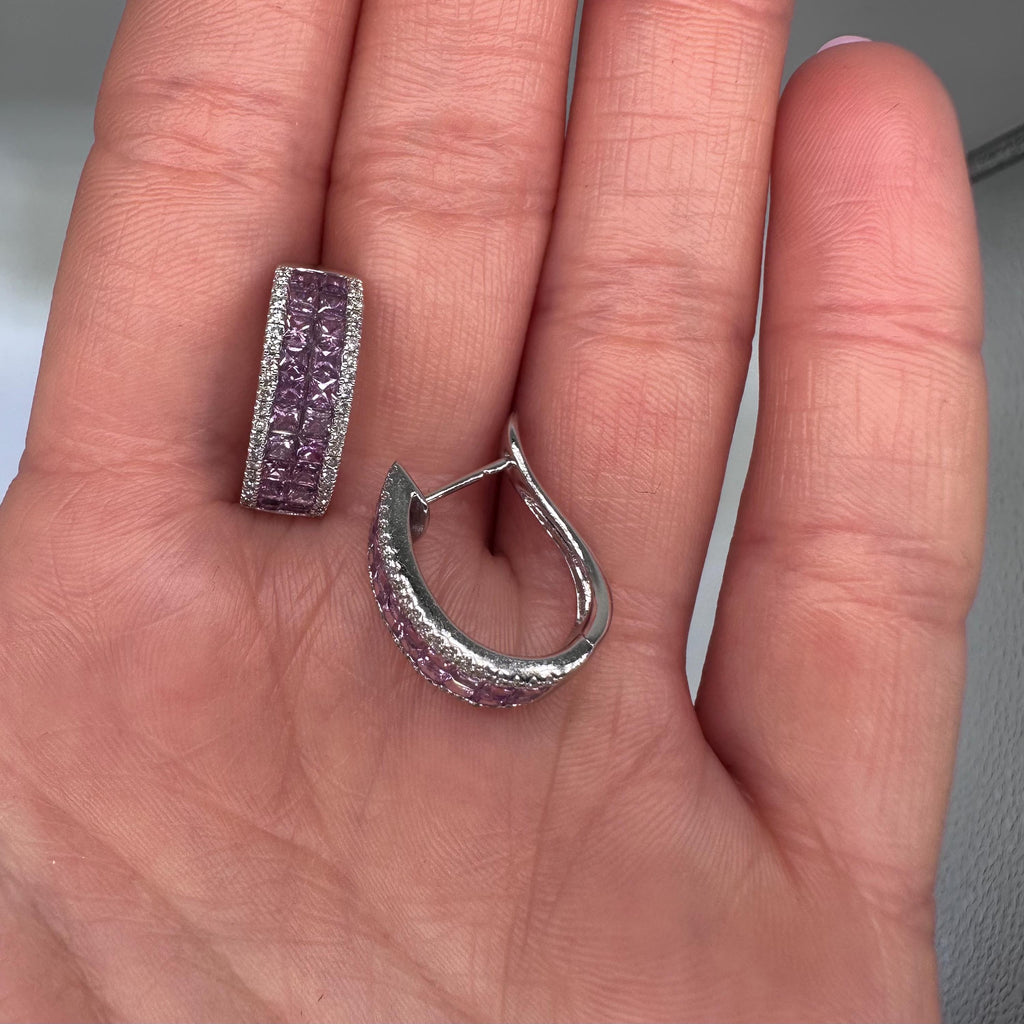 18K White Gold Earrings with 0.34ct Brilliant Cut Diamonds and 2.90ct Emerald Cut Natural Pink Sapphires – SDER026 GJJJ (etsy image id: 7970460202)