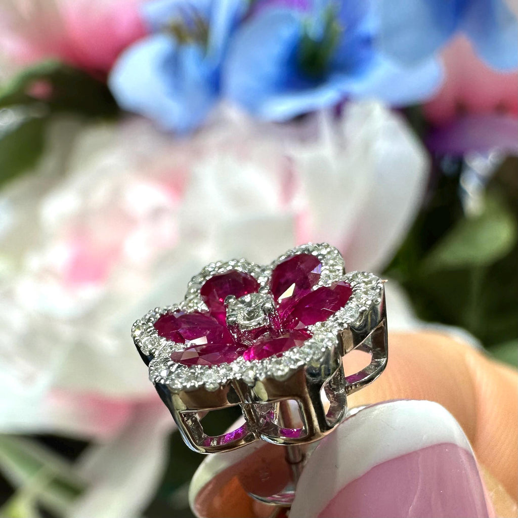 18KT White Gold Ruby & Diamond Floral Earrings – RUBDER0820 IGSA (etsy image id: 7990779600)
