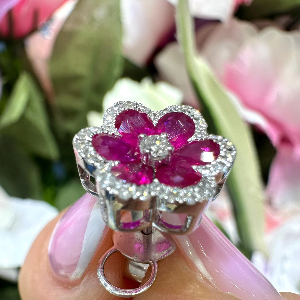 18KT White Gold Ruby & Diamond Floral Earrings – RUBDER0820 IGSA (etsy image id: 7990779628)