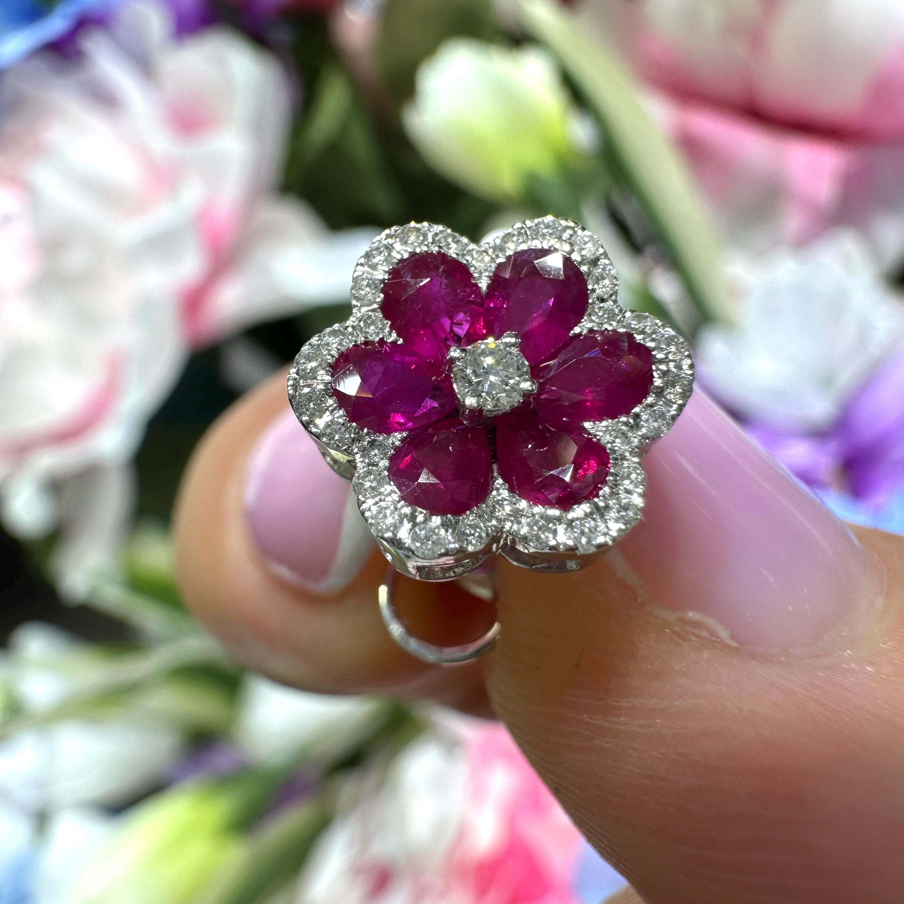 18KT White Gold Ruby & Diamond Floral Earrings – RUBDER0820 IGSA (etsy image id: 7990779702)