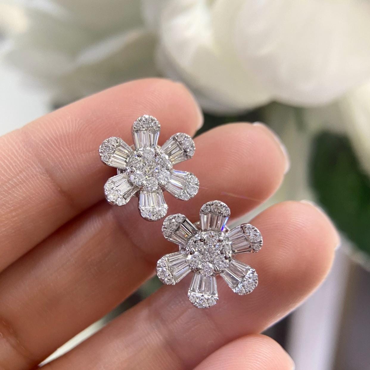 14K White Gold Flower Style Diamond Stud Earrings 1.47CT – PJ53620-026 INSJ (etsy image id: 7998763804)