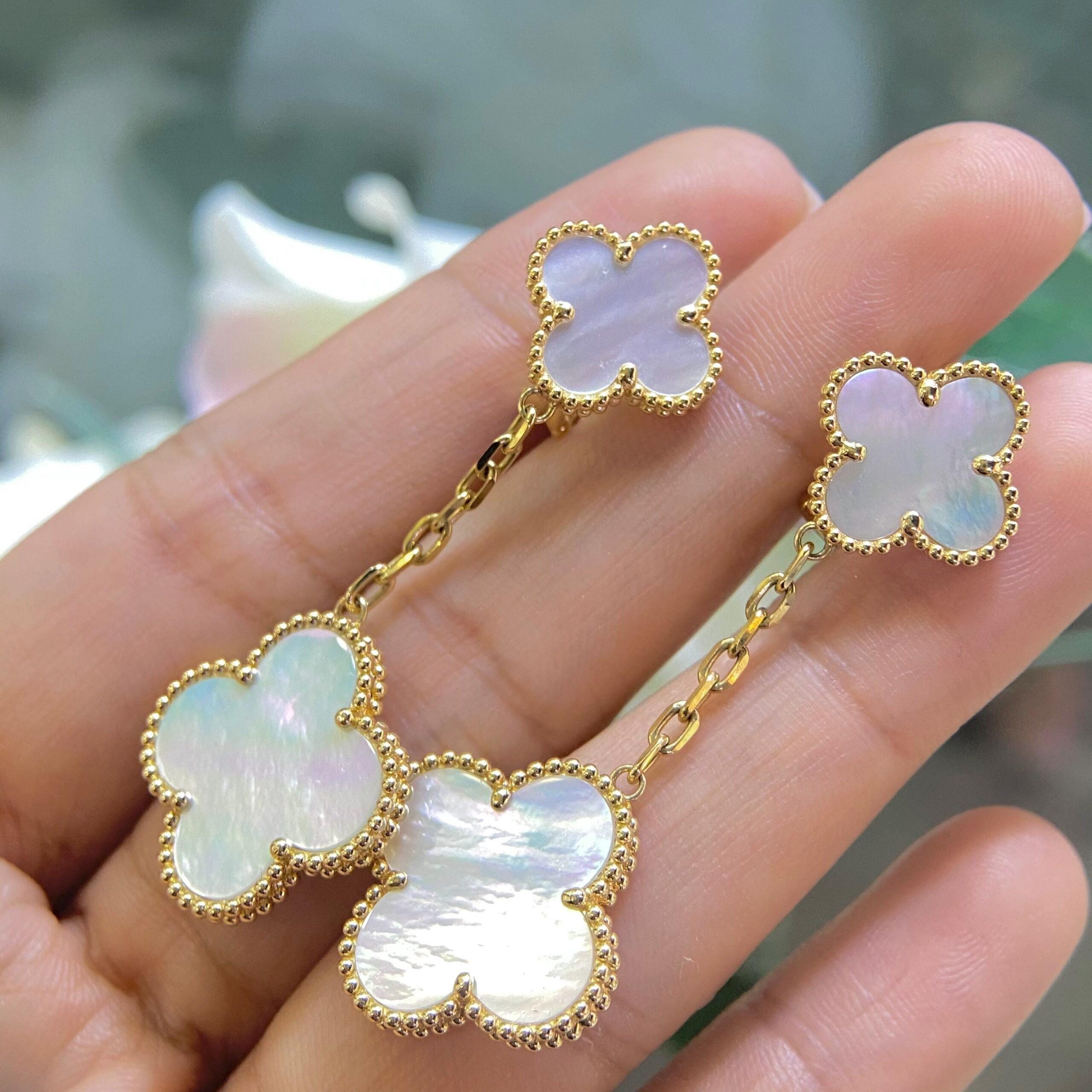 18K Yellow Gold Mother of Pearl Clover Drop Earrings – LTJ (etsy image id: 8008245872)