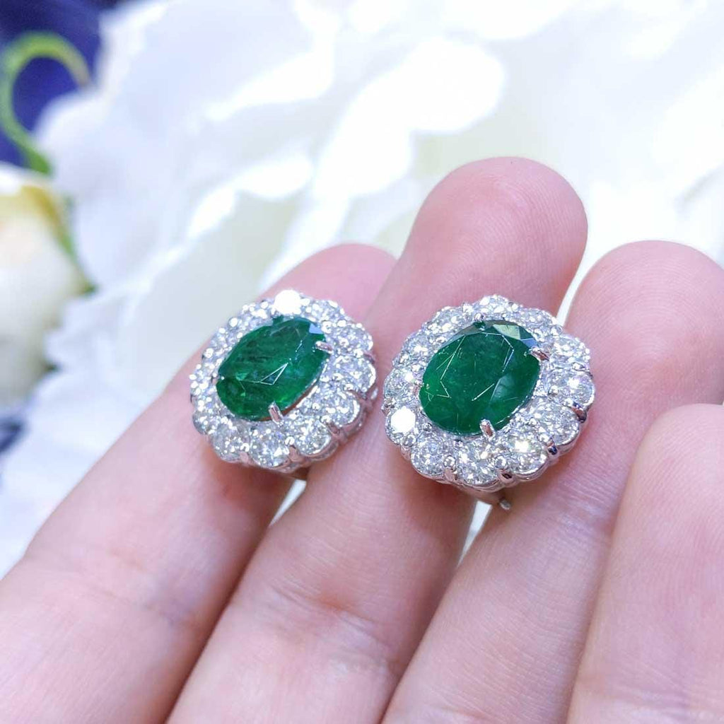 14K White Gold Emerald & Diamond Floral Earrings – 8.55CT | EMER022 (etsy image id: 8011467656)