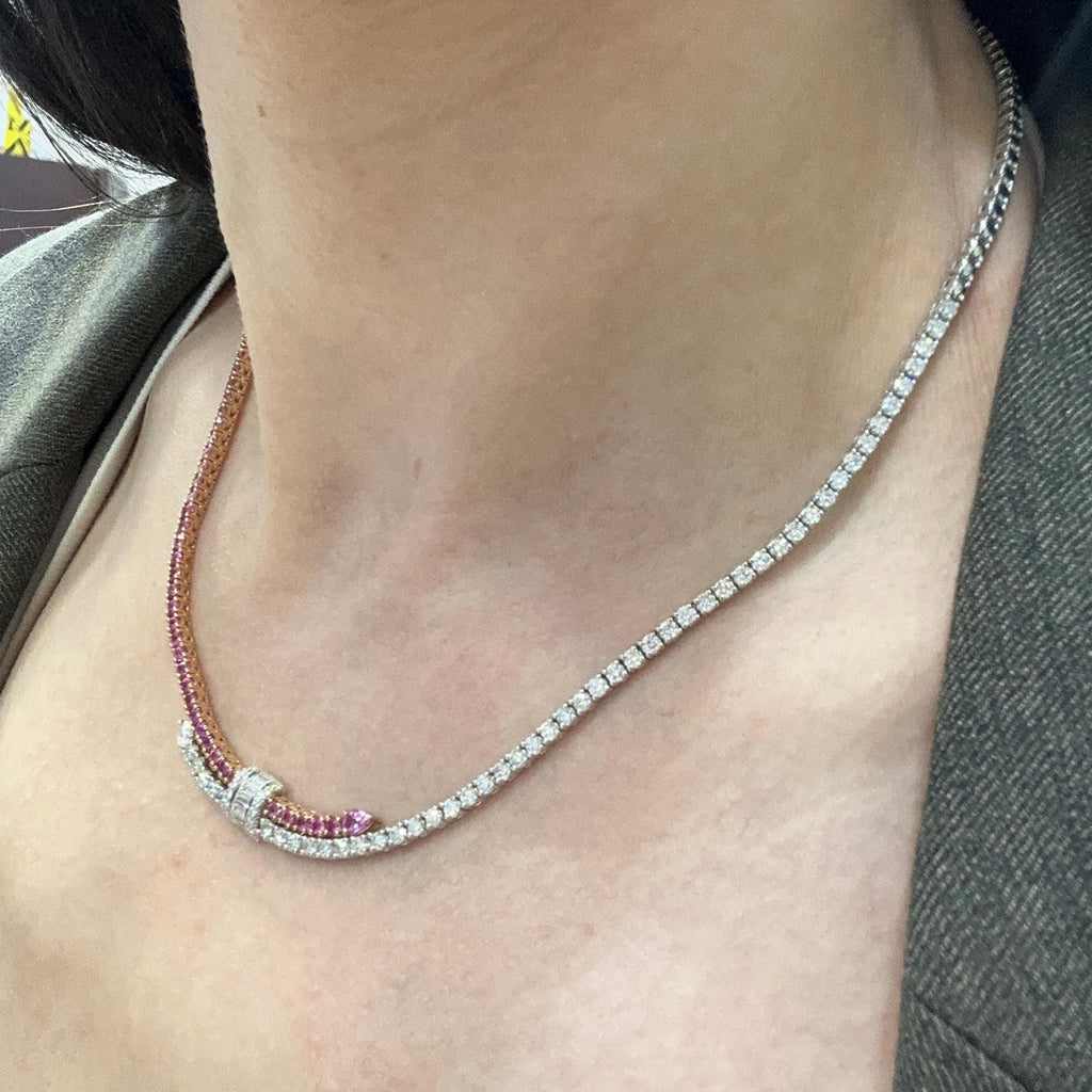 18KT White & Rose Gold Sapphire and Diamond Necklace with Baguette Center SDN TJSI (etsy image id: 8014379289)