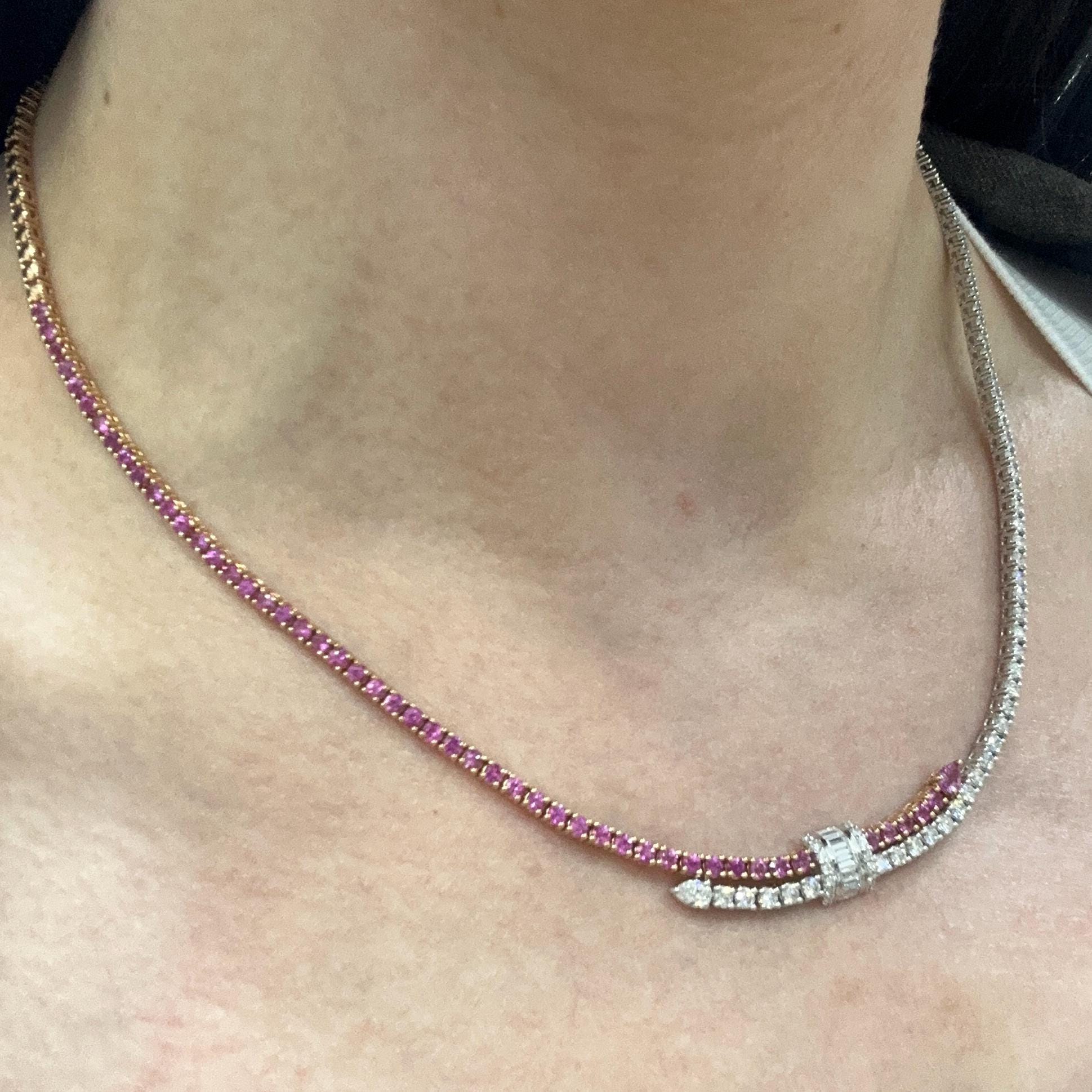 18KT White & Rose Gold Sapphire and Diamond Necklace with Baguette Center SDN TJSI (etsy image id: 8014379291)