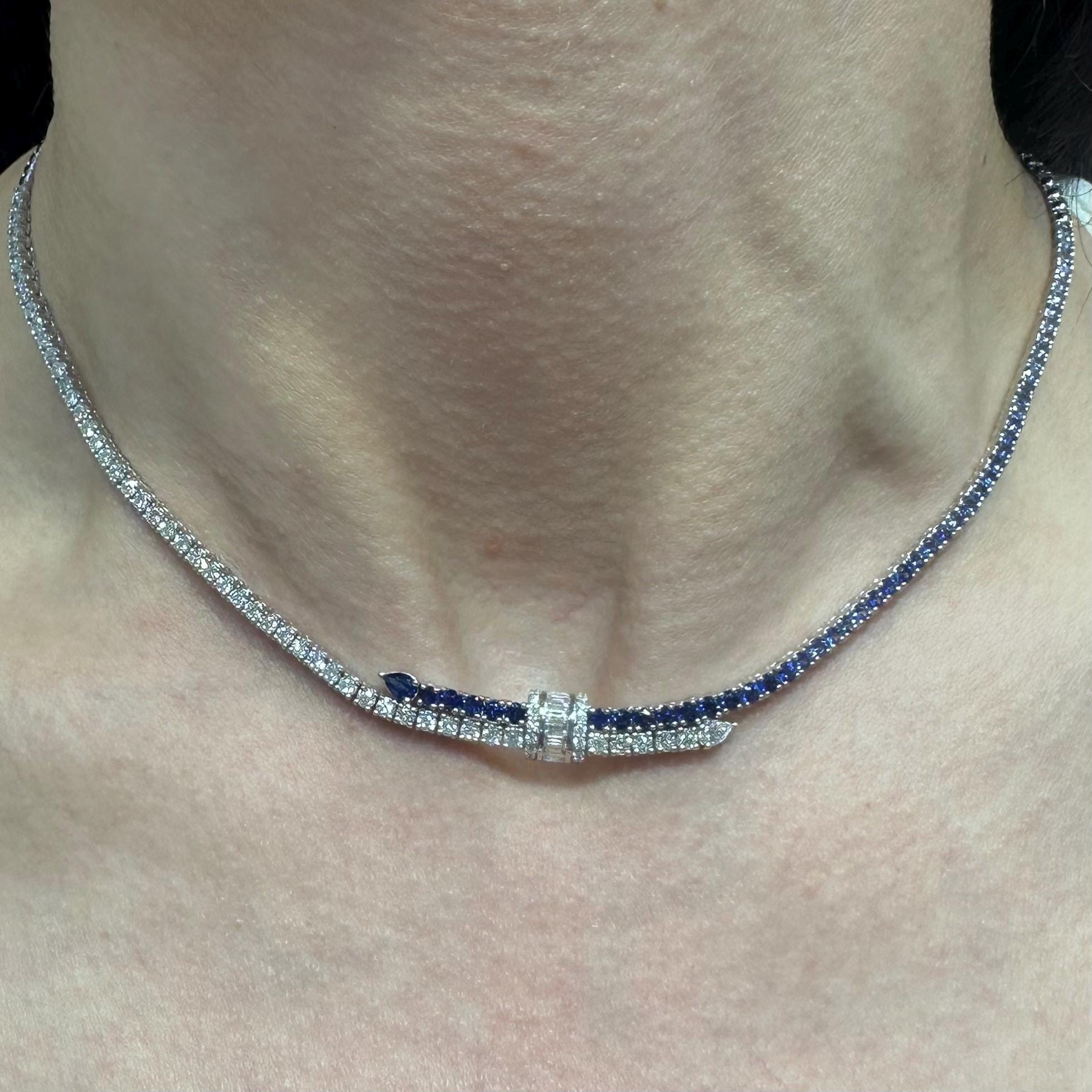 18KT White Gold Sapphire and Diamond Necklace with Baguette Center  SDN024 TZNG (etsy image id: 8014440603)