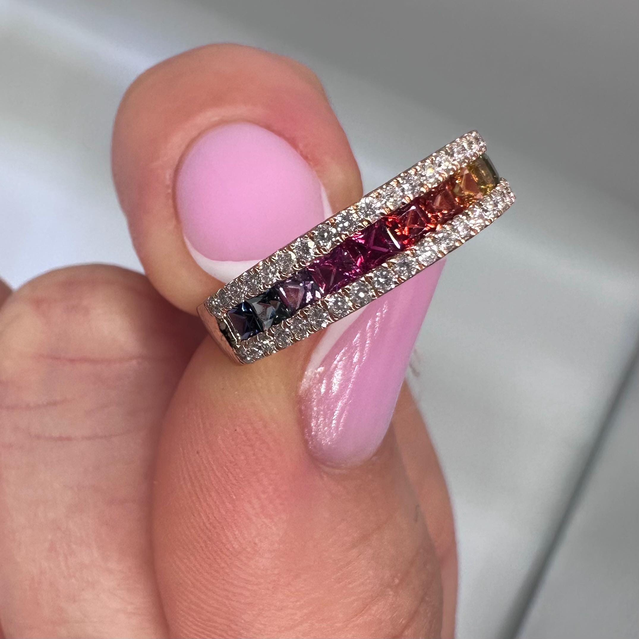 18KT Rose Gold Ring with Multi-Color Princess-Cut Sapphires and Diamond Accents SDR993 IJGJ (etsy image id: 8018152191)