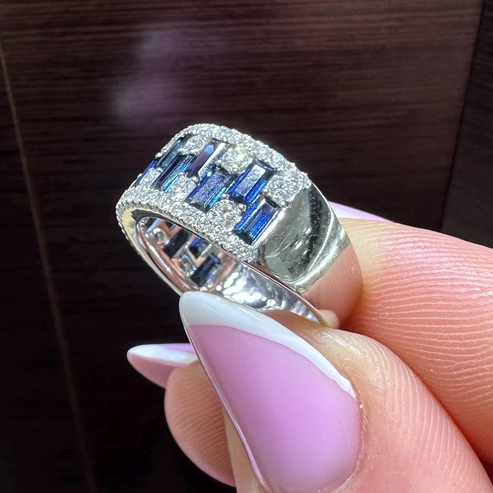 18KT White Gold Diamond Ring with Baguette-Cut Sapphires SDR991 ILTJ (etsy image id: 8018290563)