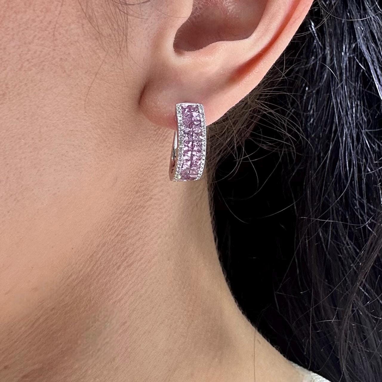 18K White Gold Earrings with 0.34ct Brilliant Cut Diamonds and 2.90ct Emerald Cut Natural Pink Sapphires – SDER026 GJJJ (etsy image id: 8018409913)