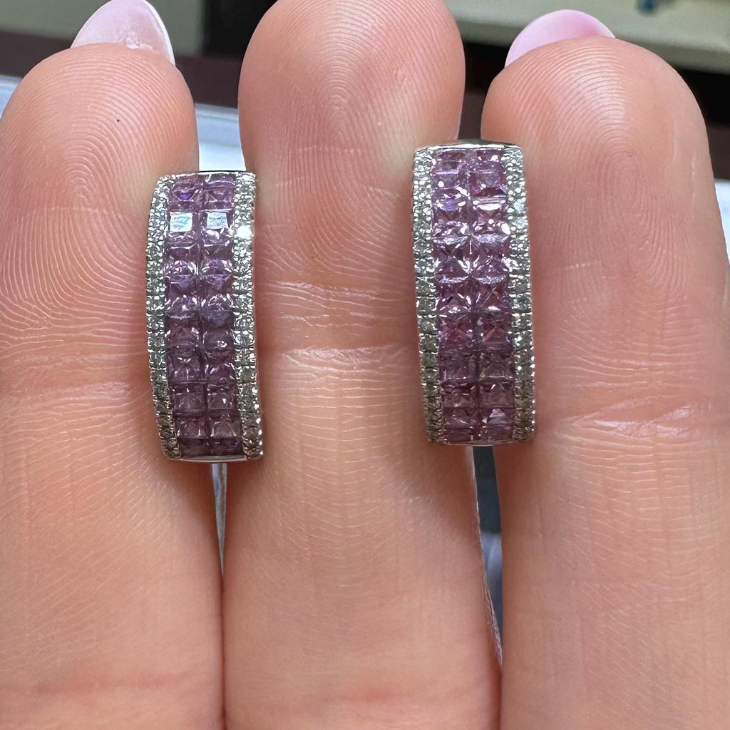 18K White Gold Earrings with 0.34ct Brilliant Cut Diamonds and 2.90ct Emerald Cut Natural Pink Sapphires – SDER026 GJJJ (etsy image id: 8018409919)
