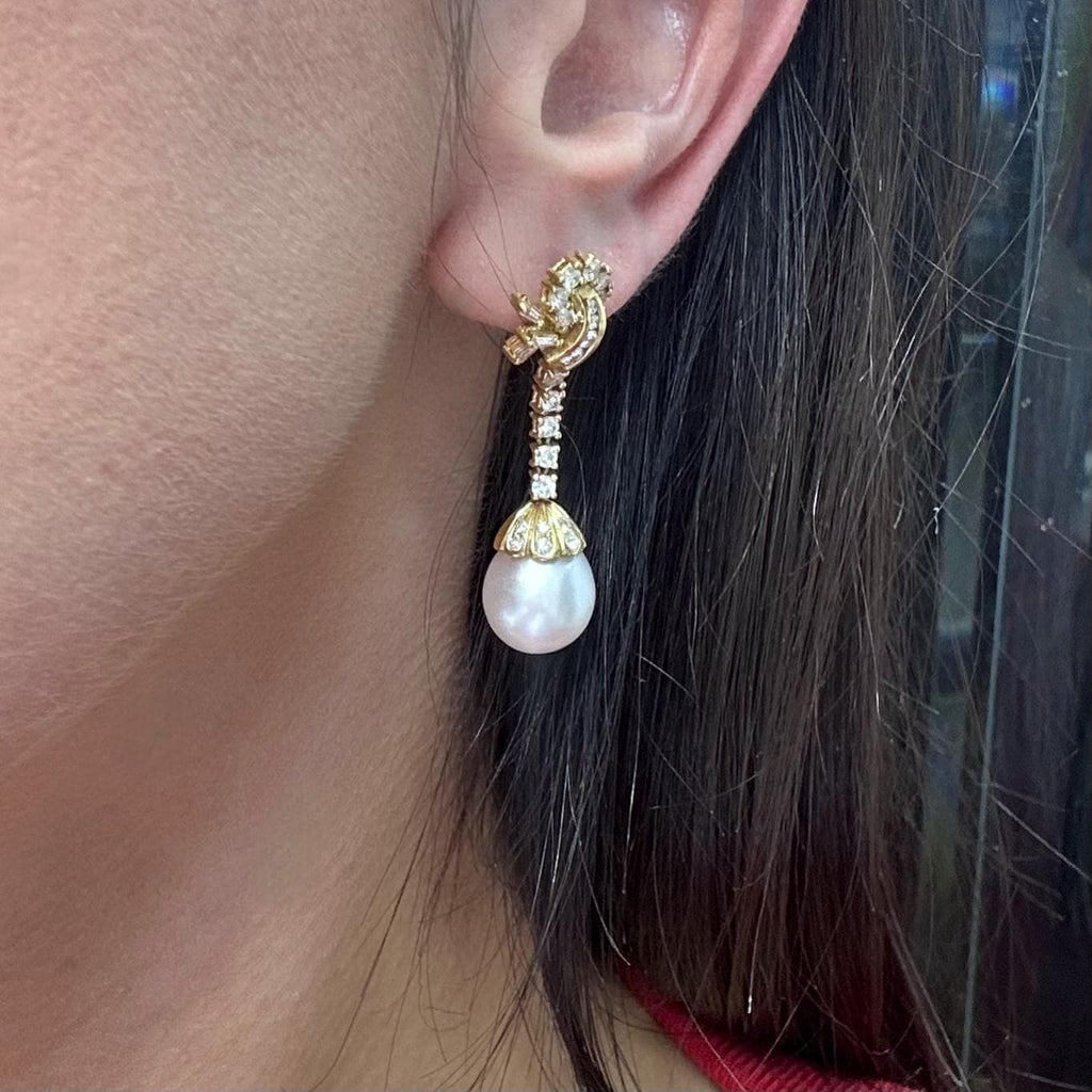 18K Yellow Gold Diamond & Pearl Drop Earrings – 1.00CT | IJST (etsy image id: 8055883577)