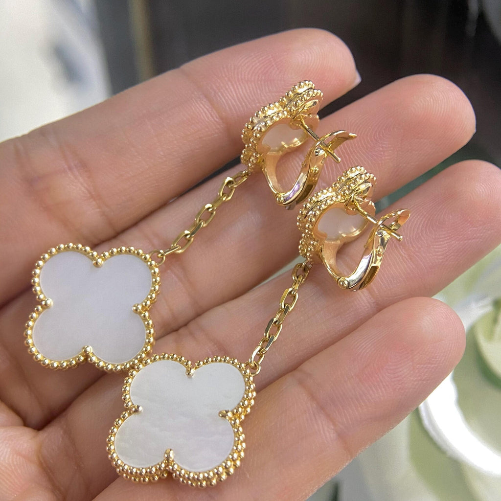 18K Yellow Gold Mother of Pearl Clover Drop Earrings – LTJ (etsy image id: 8056161085)