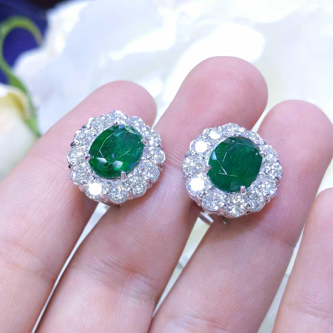 14K White Gold Emerald & Diamond Floral Earrings – 8.55CT | EMER022 (etsy image id: 8059380065)