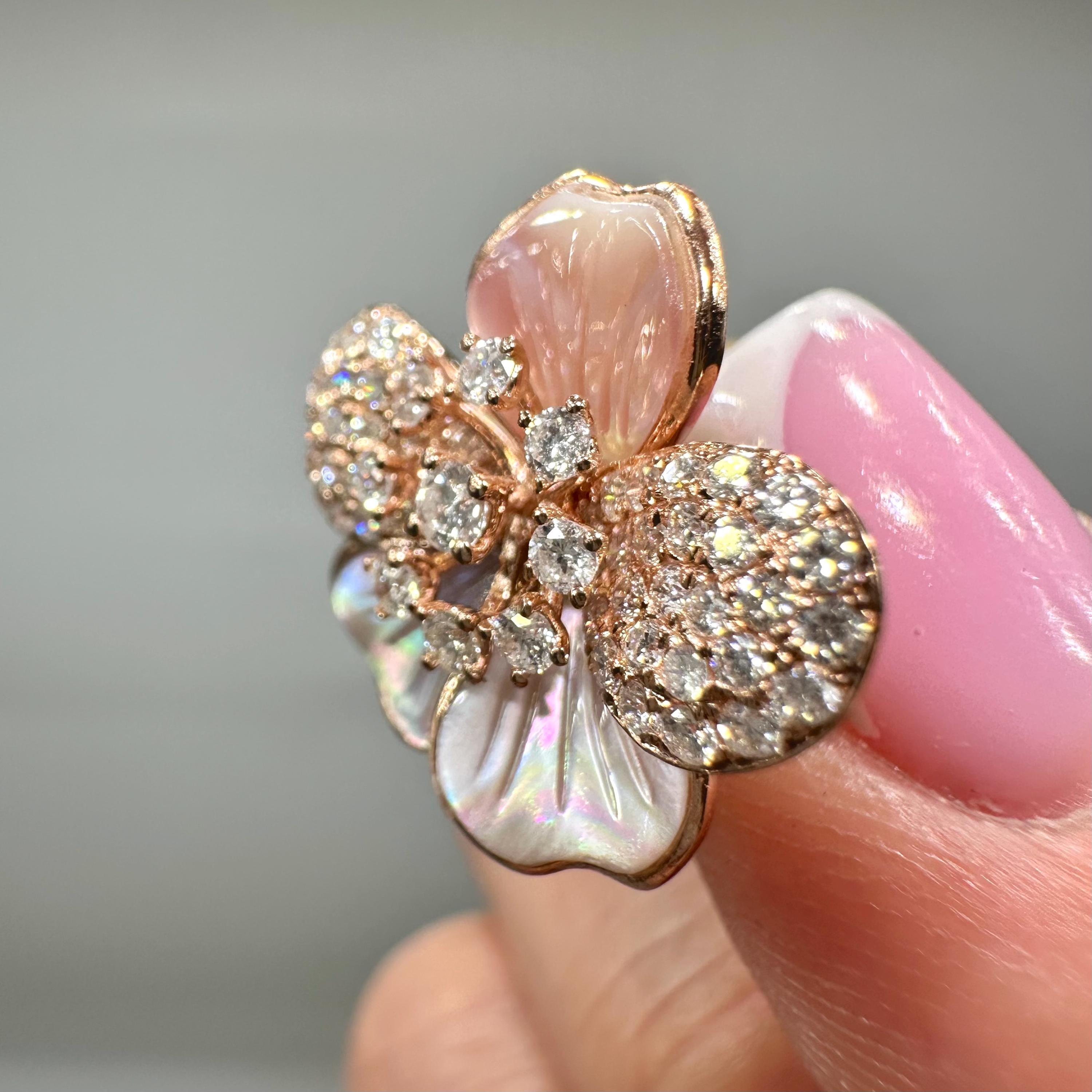 14K Rose Gold Pink Mother-of-Pearl and 1.63ct Diamond Flower Earrings __etsy:8102021510