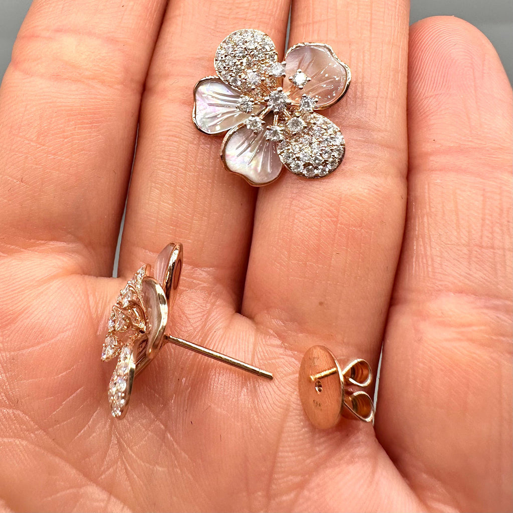 14K Rose Gold Pink Mother-of-Pearl and 1.63ct Diamond Flower Earrings __etsy:8102021570