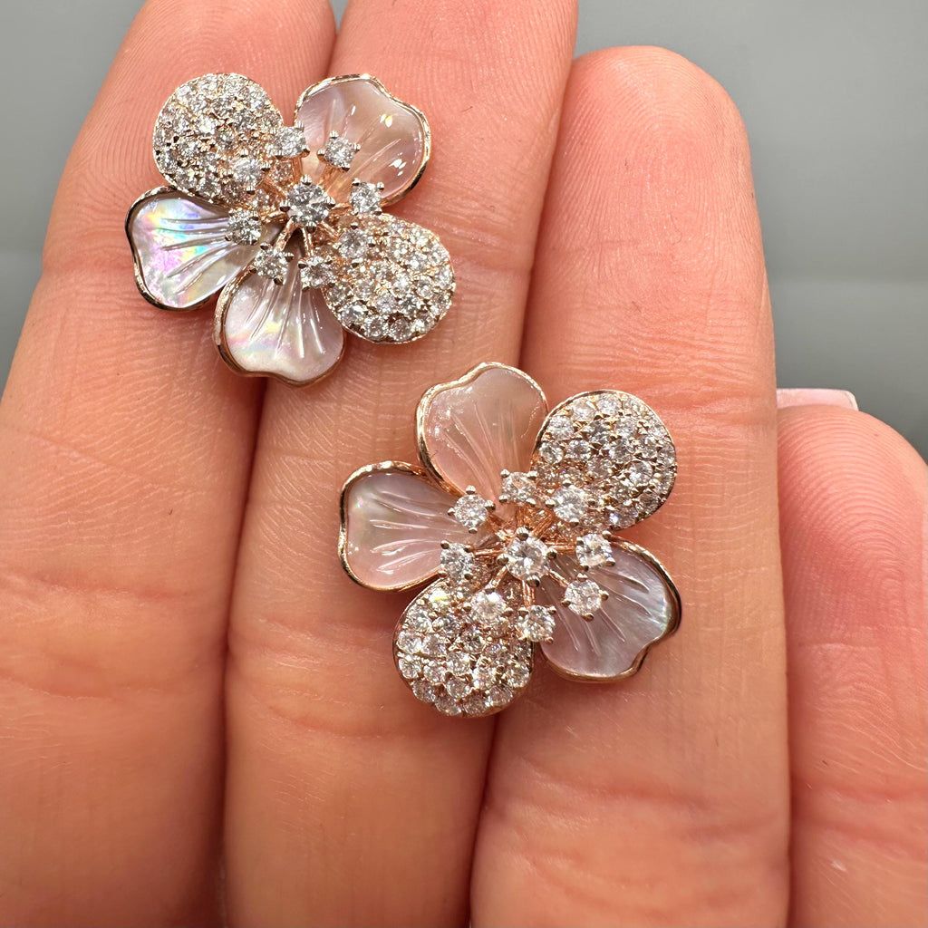 14K Rose Gold Pink Mother-of-Pearl and 1.63ct Diamond Flower Earrings __etsy:8149926835