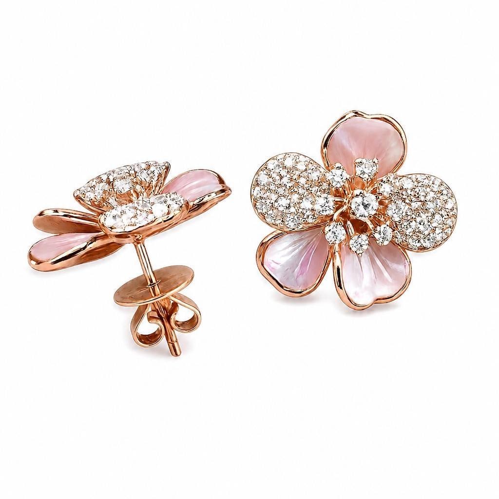 14K Rose Gold Pink Mother-of-Pearl and 1.63ct Diamond Flower Earrings __etsy:8149927715