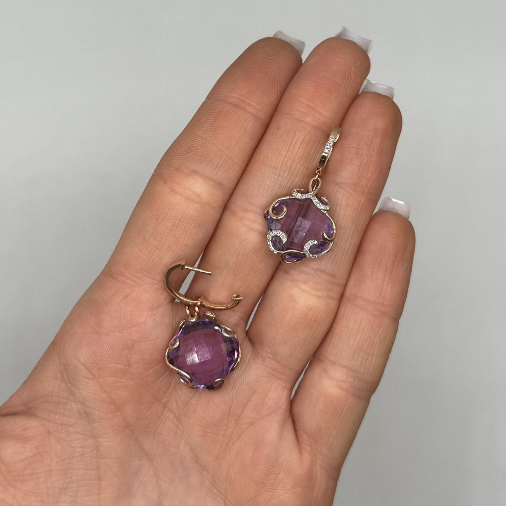 14K Yellow Gold Diamond & Amethyst Earrings DC-E10094-50