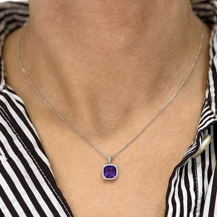 14K White Gold Amethyst & Diamond Halo Pendant Necklace – 1.40CT Amethyst DC-N13457-59