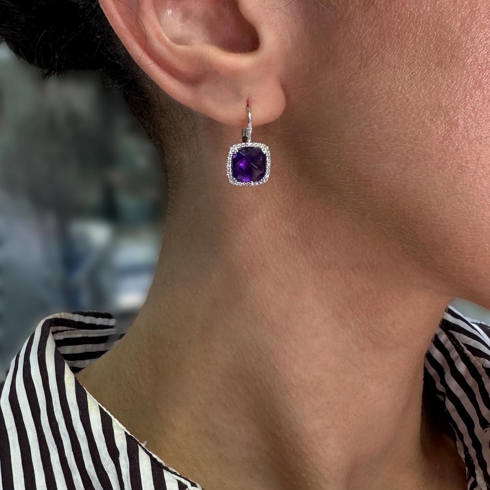 14K White Gold Diamond & Amethyst Drop Earrings DC-E14077-37