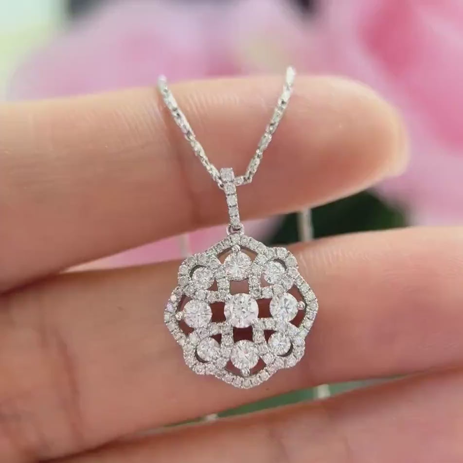 14K White Gold Flower style 1.05CT Natural Diamond Pendant IITJ
