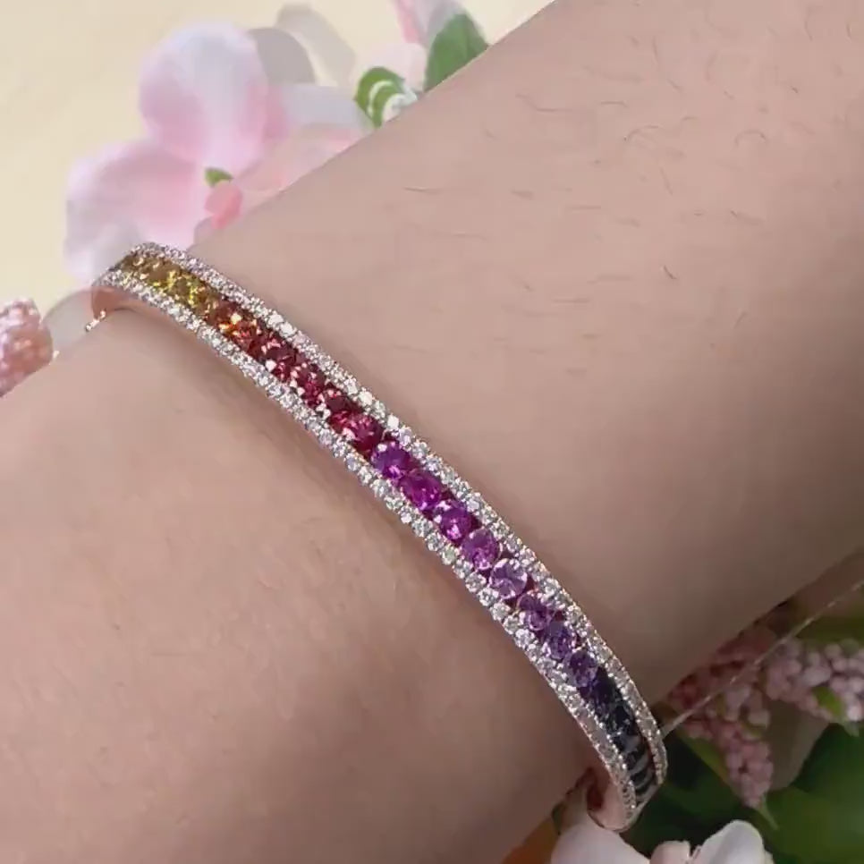 Chic  and Lustrous 18K Rose Gold Bangle with Round Diamonds Multi-Colored Sapphires