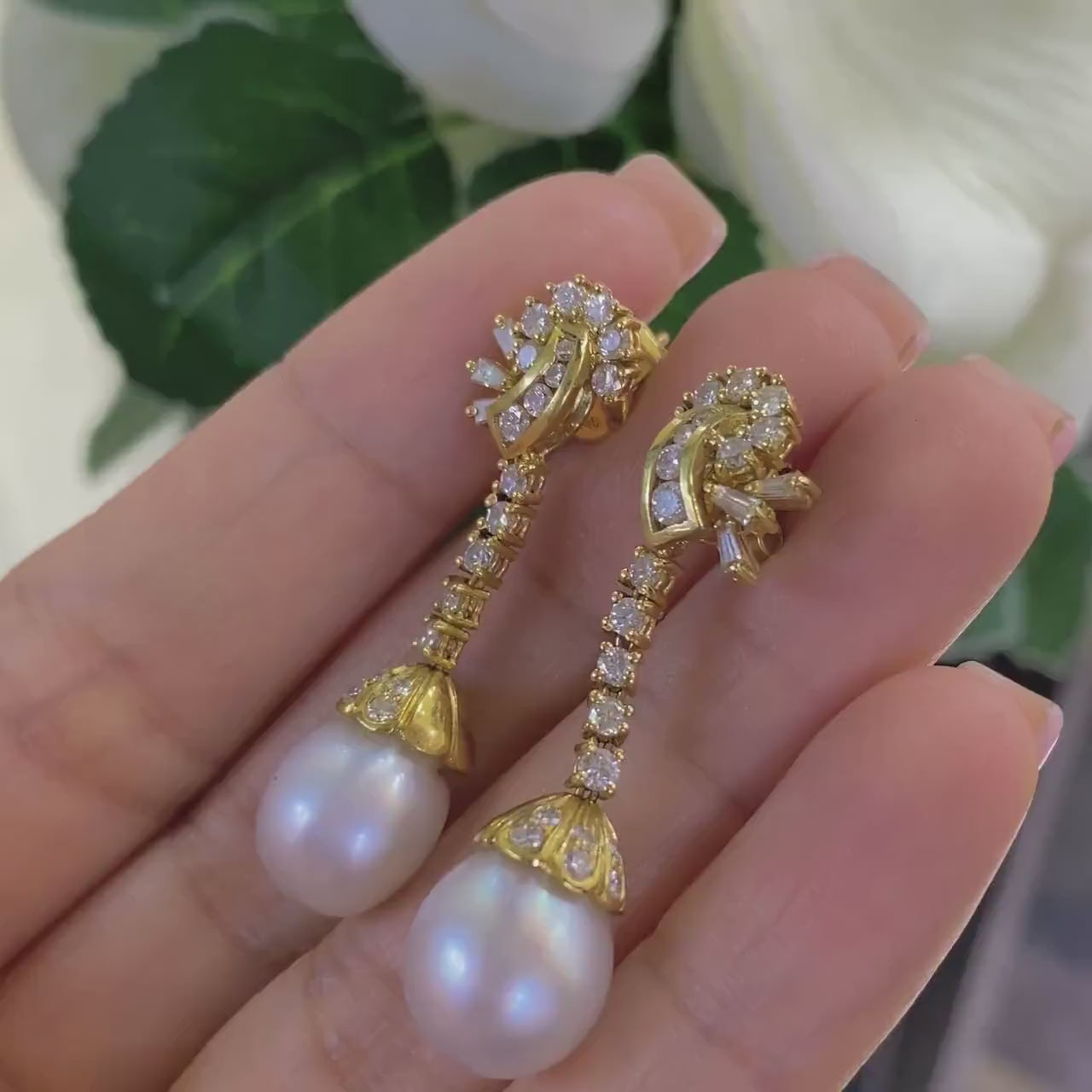 18K Yellow Gold Diamond & Pearl Drop Earrings – 1.00CT | IJST