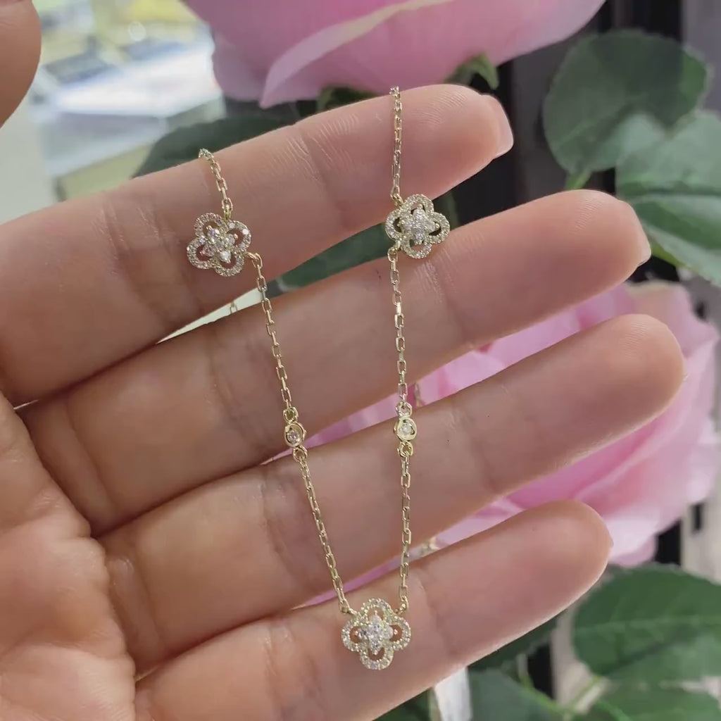 Yellow Gold Diamond By The Yard Necklace with Diamond Clovers