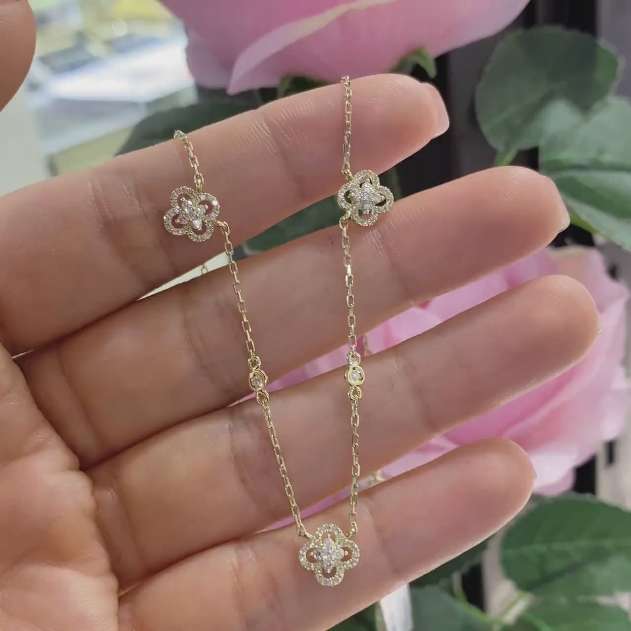 Yellow Gold Diamond By The Yard Necklace with Diamond Clovers