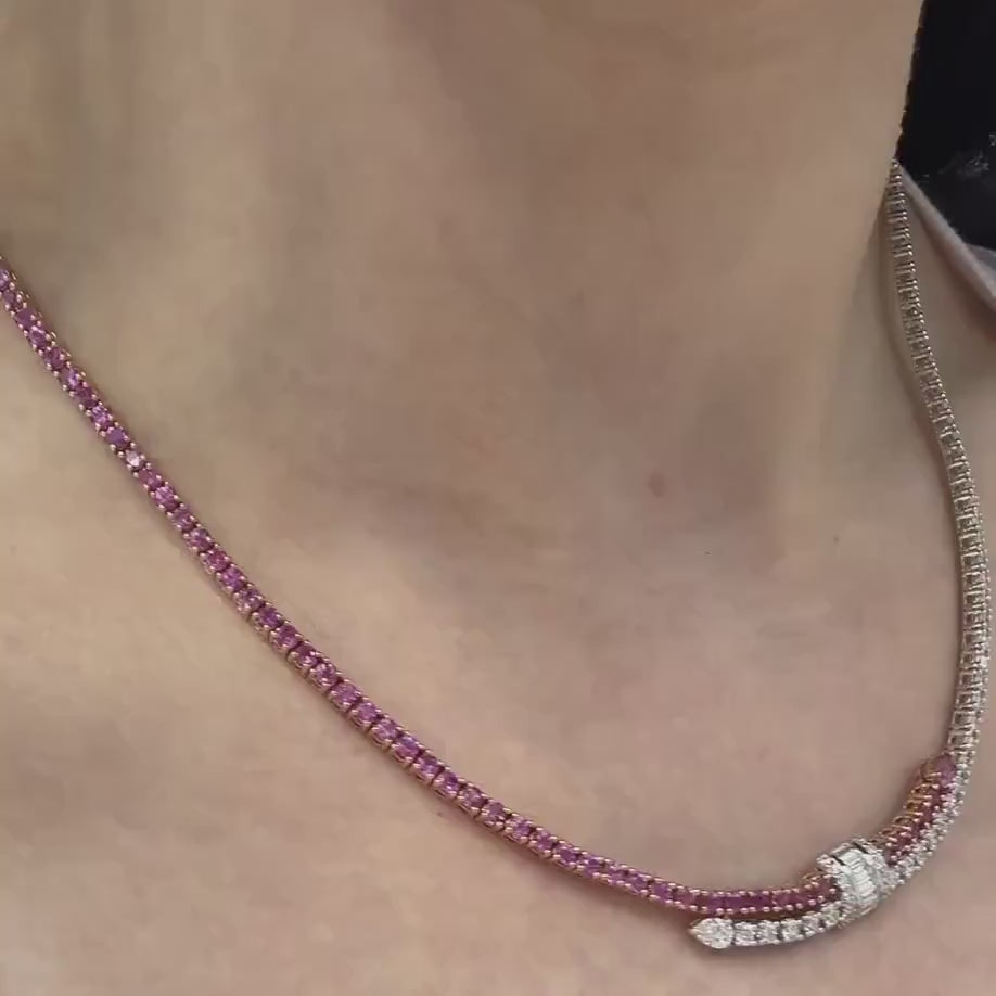 18KT White & Rose Gold Sapphire and Diamond Necklace with Baguette Center SDN TJSI