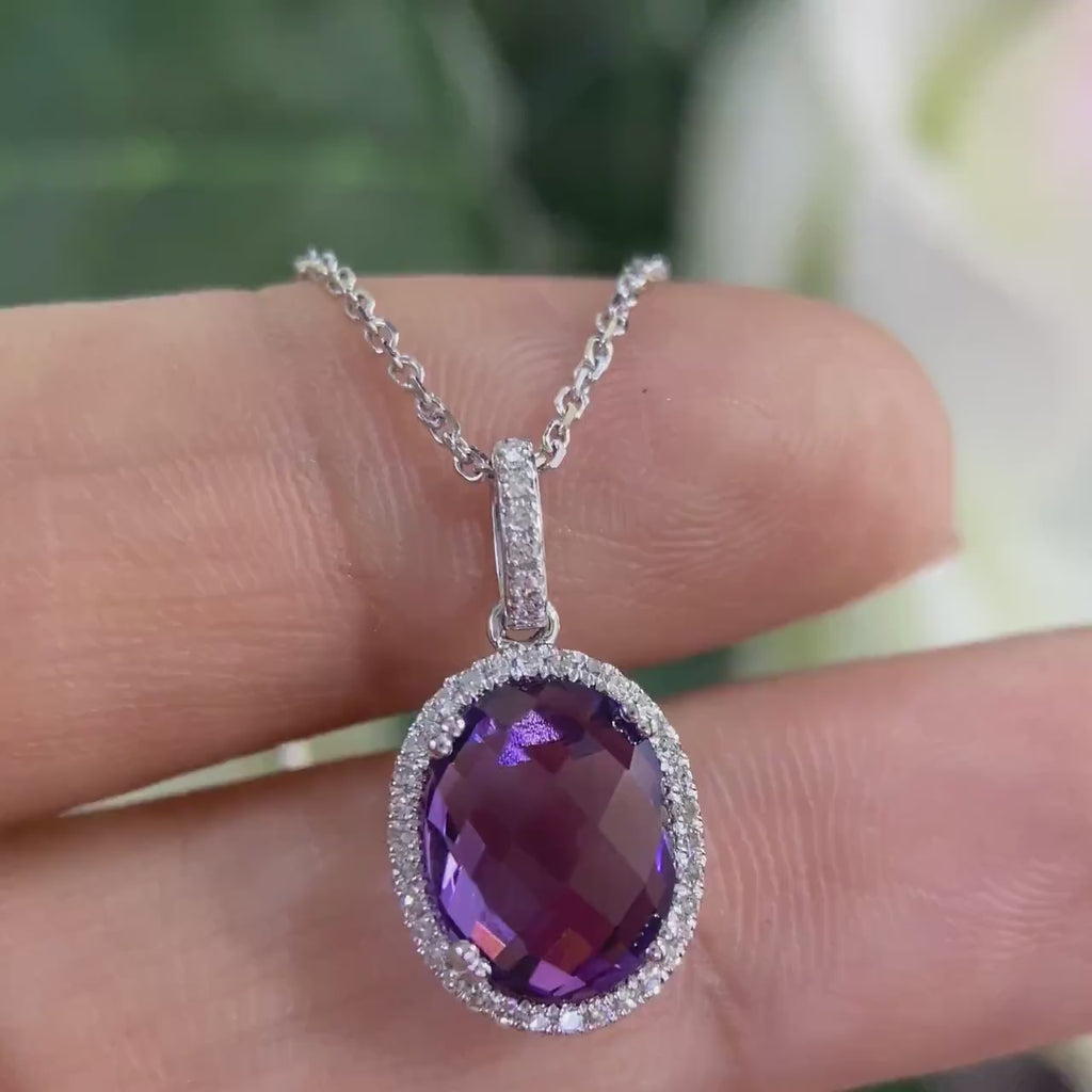 14K White Gold Pendant 2.69ct Oval Amethyst & 0.10ct in diamond set in Halo Setting GZT