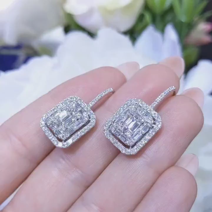 Baguettes And Rounds 2.19cts Cluster In A Halo Diamond Dangling Earrings