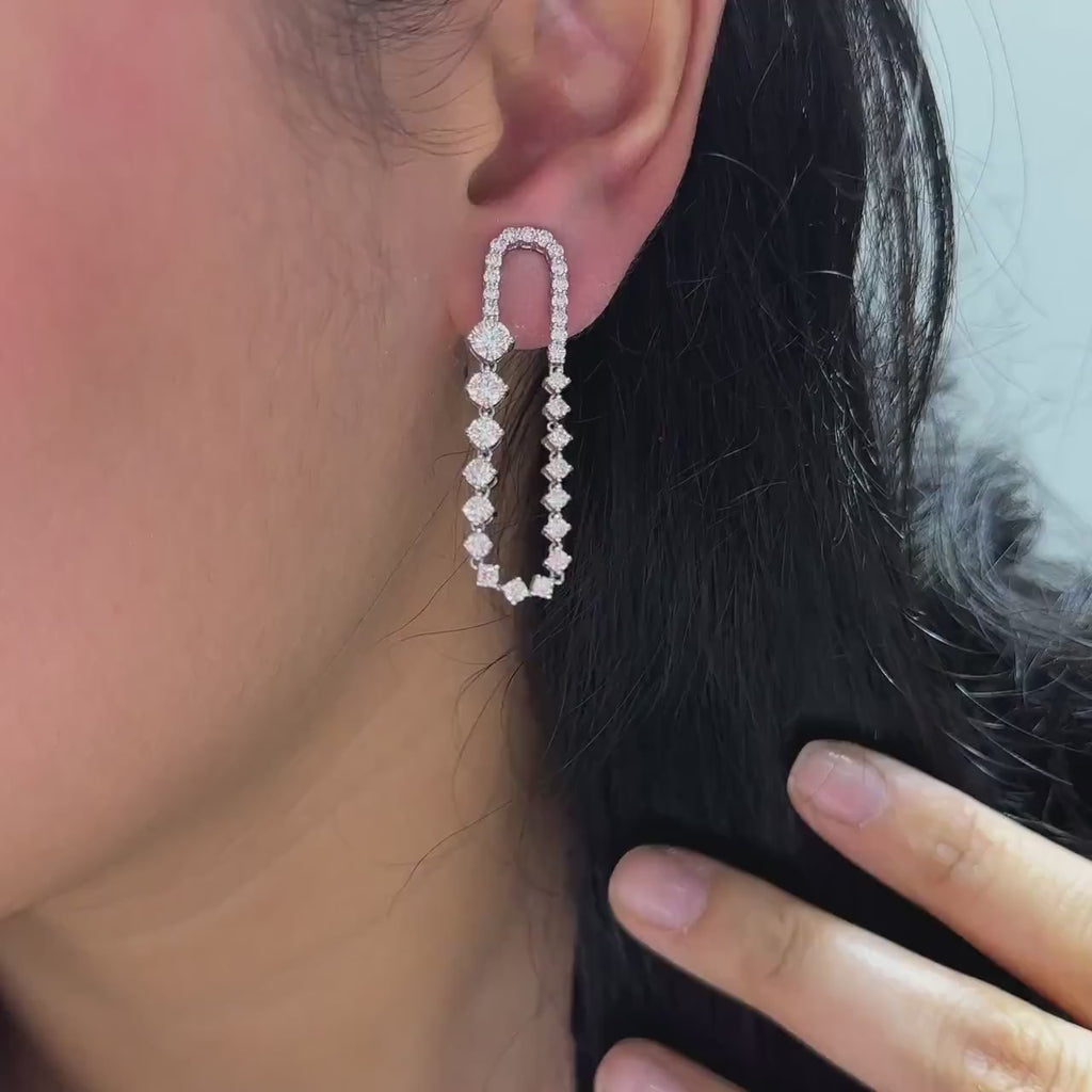 White Gold Dangling Drop Diamond Earrings Featuring Round Cut Diamonds