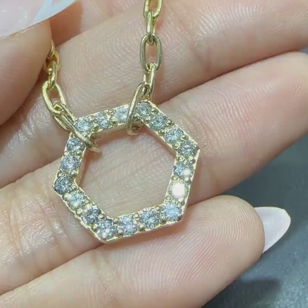 Elegant 14KT Yellow Gold Hexagon Diamond Necklace with Paperclip Chain- DN012