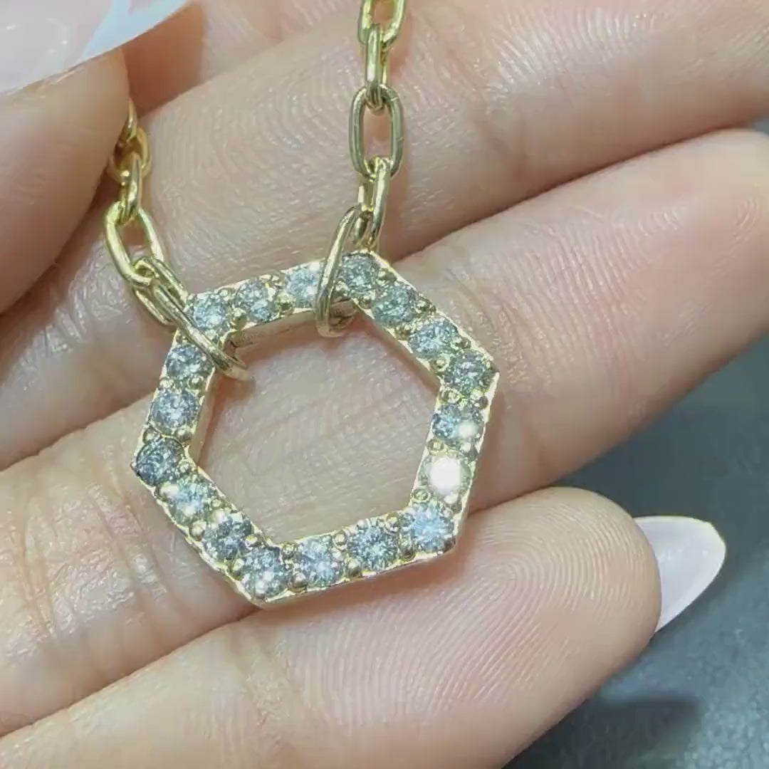 Elegant 14KT Yellow Gold Hexagon Diamond Necklace with Paperclip Chain- DN012