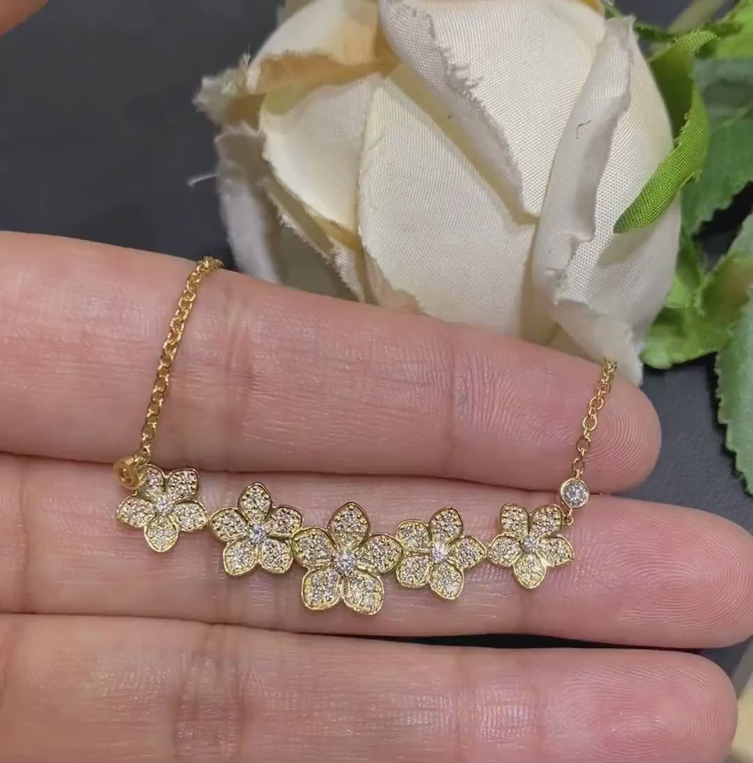 Yellow Gold Five Star Flower Diamond Smile Pendant Necklace