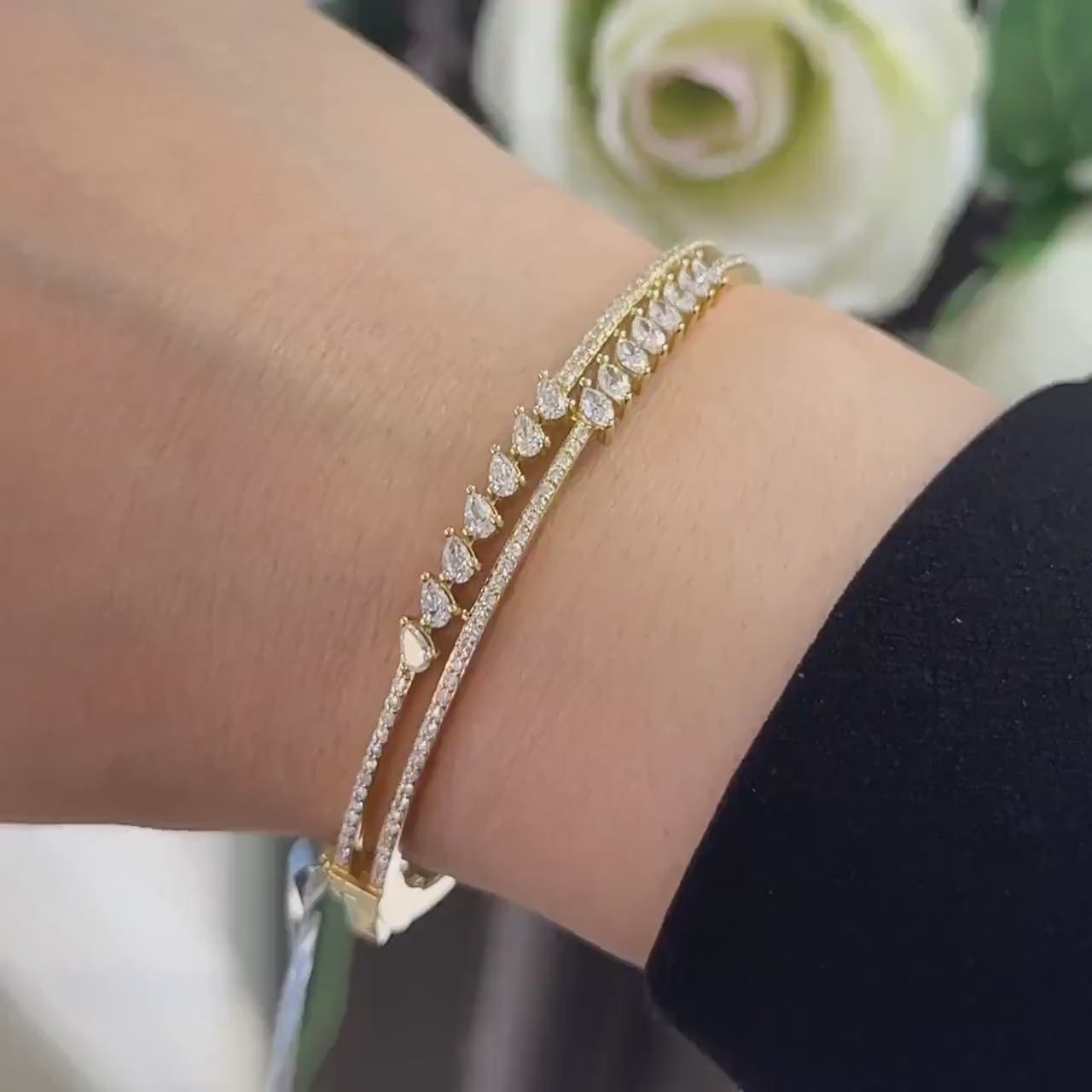 Yellow Gold Diamond Two-Row Bangle with round, pear, and marquise diamonds