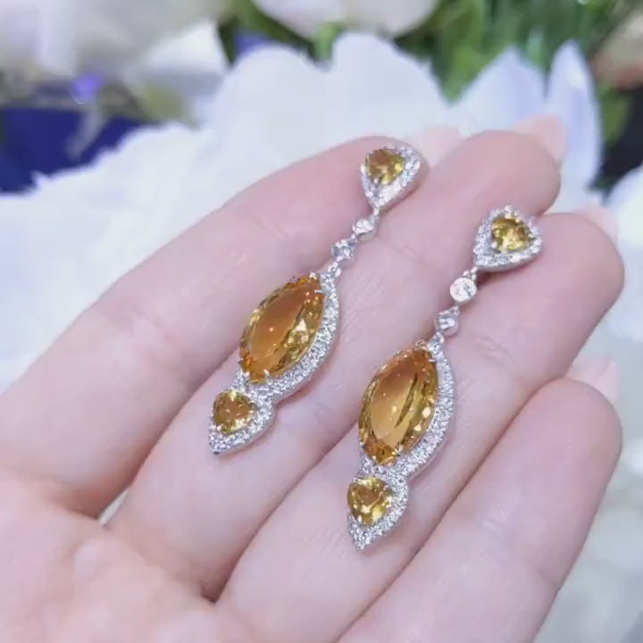Marquise and Pear Shape Citrines With Diamond Halos Dangling Earrings in 18K White Gold