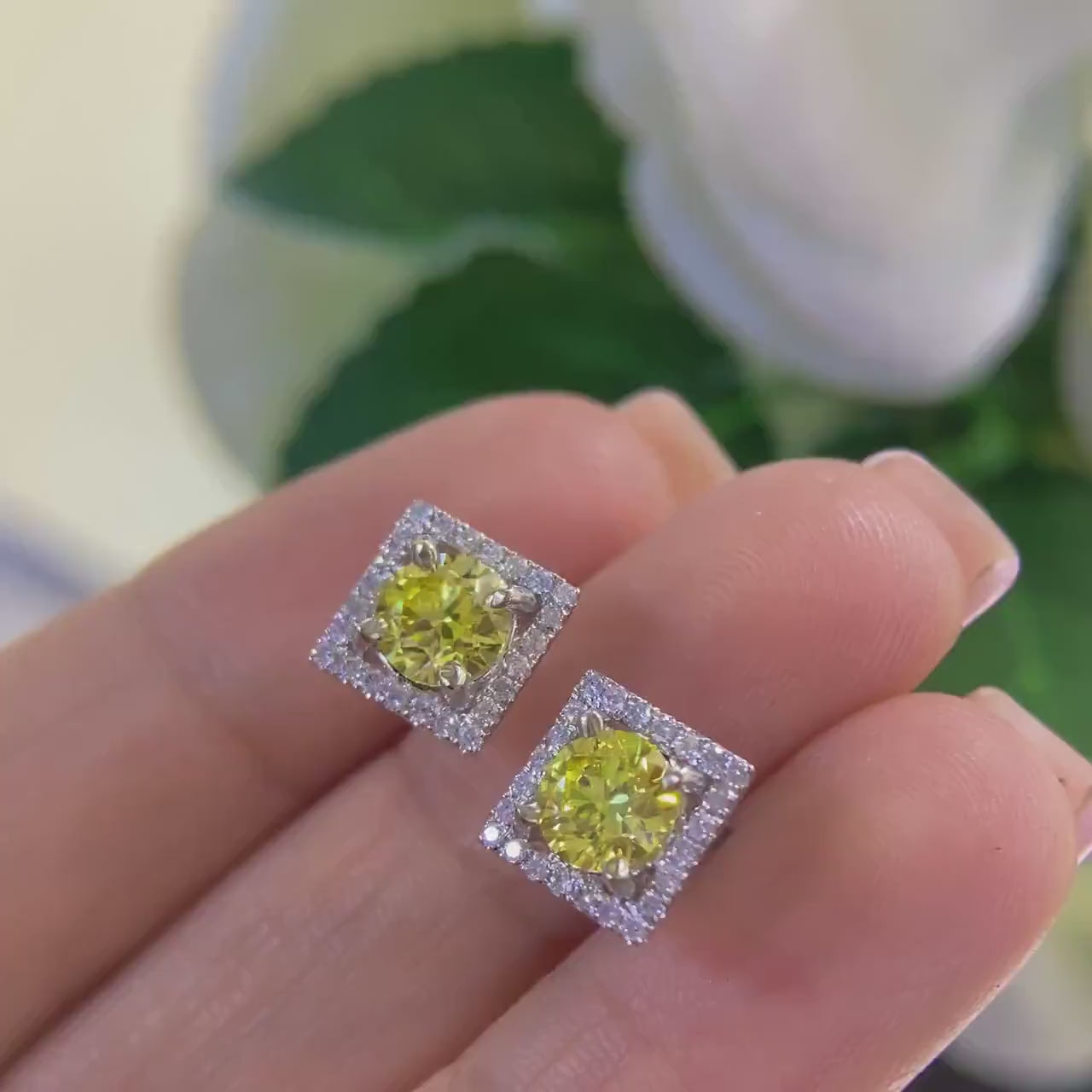 14K White Gold, Fancy Yellow 1.82ct Diamonds Earrings.